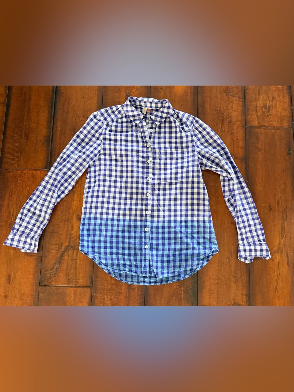 Pilcro Blue and White Gingham Button-Down Shirt with Silver Threading